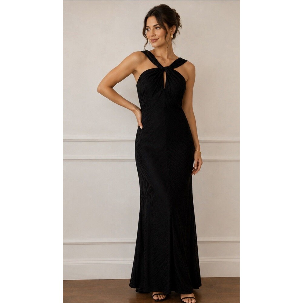 Banana Republic Black Halter Jacquard Maxi Dress Sz Medium Wedding Guest Holiday